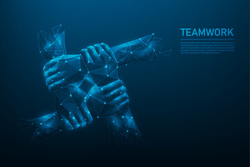 Obraz na płótnie Canvas hand teamwork low poly wireframe on blue dark background. people friendship support to success. consist of lines, dots and triangle. vector illustration in fantastic digital design.