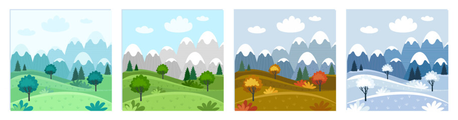 Four season: Spring, Sammer, Autumn, Winter nature park or forest outdoor background with trees and mountains. Flat cartoon style vector illustration.