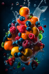 ilustración de Explosión de frutas y agua sobre fondo negro, creado con IA Generativa