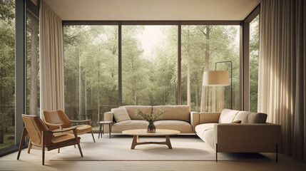 interior living room with large windows and overlooking the forest views, generative ai