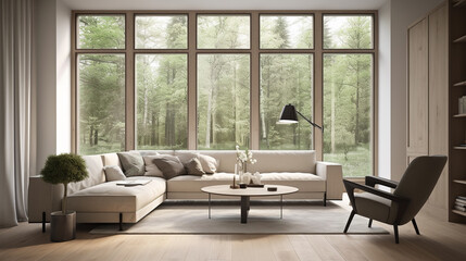 Fototapeta premium interior living room with large windows and overlooking the forest views, generative ai