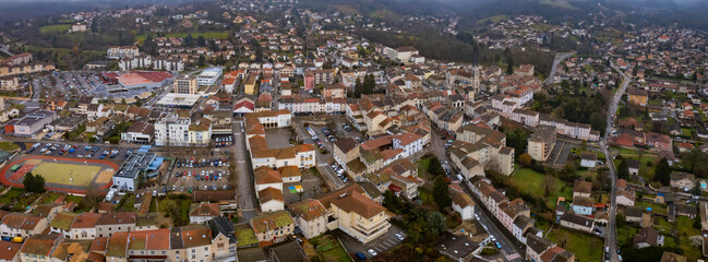 Aerial view of the city Ambérieu-en-Bugey in France on a cloudy afternoon in early spring