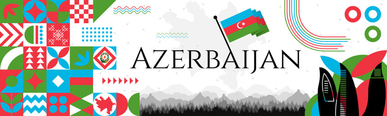 The Azerbaijan Independence Day abstract banner design with flag and map. Flag color theme geometric pattern retro modern Illustration design. blue, red and green color template.