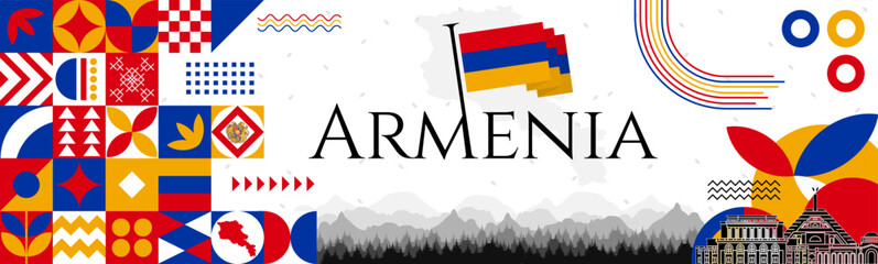 The Armenia Independence Day abstract banner design with flag and map. Flag color theme geometric pattern retro modern Illustration design. Red, blue and Yellow color template.