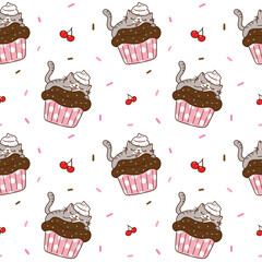 Seamless Pattern with Cartoon Cat, Cupcake and Cherry Design on White Background