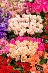 Street market in Osaka, Japan. Closeup showing an array of bouquets in various colours and varieties at at flower stall.