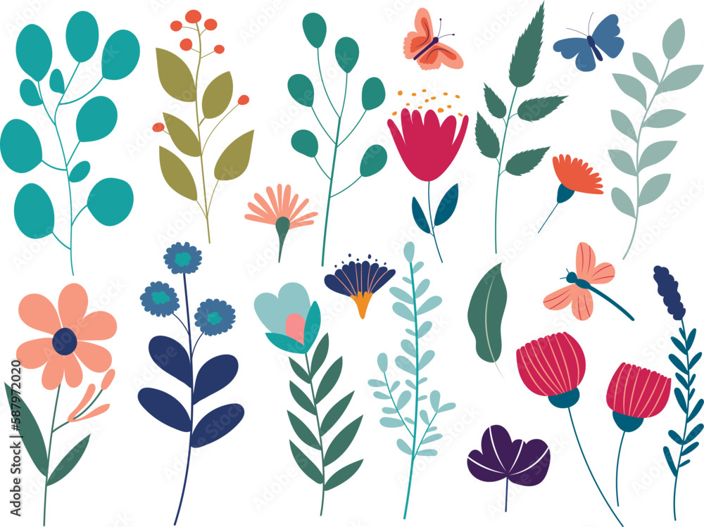 Wall mural set of plants in doodle style isolated vector - Wall murals