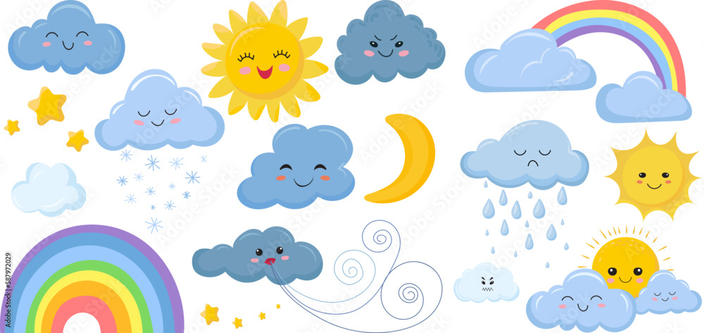 Wall mural set of weather characters in doodle style isolated vector