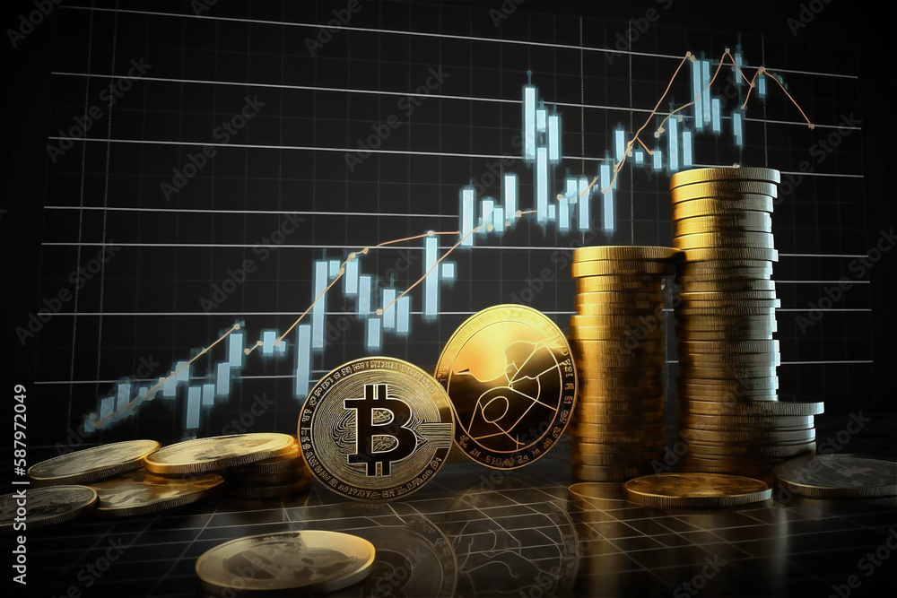 Poster coins stack and bitcoin with information graph. financial and investment concept. generative ai cont