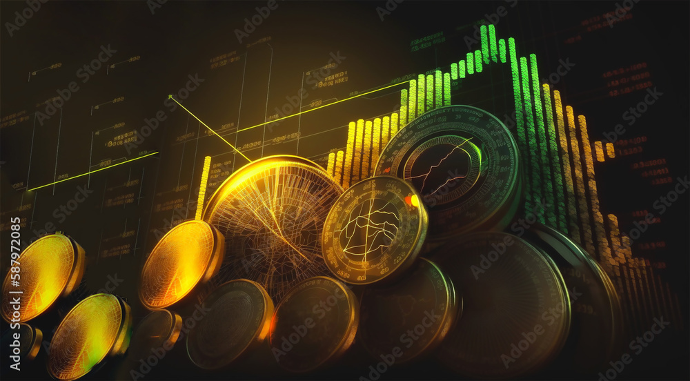 Poster coins stack with information graph. financial and investment concept. generative ai content. close-u
