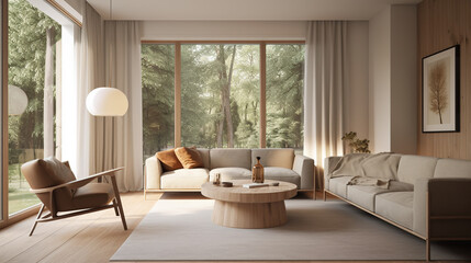 Fototapeta premium interior living room with large windows and overlooking the forest views, generative ai