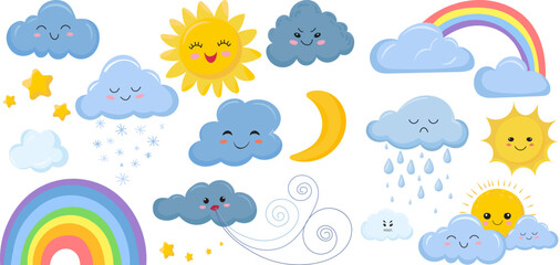 set of weather characters in doodle style isolated vector - obrazy, fototapety, plakaty
