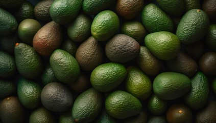 A lot of ripe avocado fruits. Background design with fresh avocados. Generative AI.