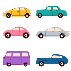 set of cars in doodle style isolated vector