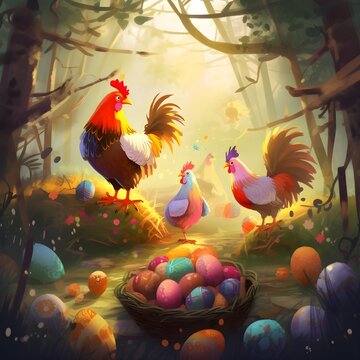 easter roosters celebration, chickens in a sunny forest, easter eggs in basket, vibrant colors, cartoony rayman style, Generative AI, Generatieve Art, generative art, AI