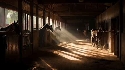 Silhouette of horses in the stable, Generative AI