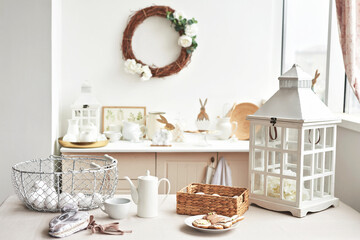 Easter Bunny. Kitchen table decor. Eggs and rabbits.