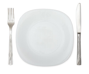 Empty plate with fork and knife isolated on a white background.