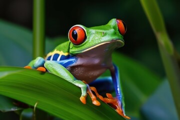Fototapeta premium Red-eyed tree frog sitting on green leaves. Generative AI