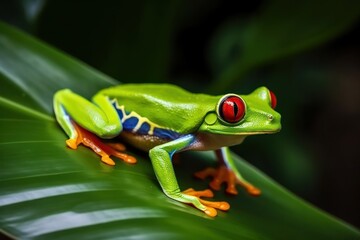 Fototapeta premium Red-eyed tree frog sitting on green leaves. Generative AI