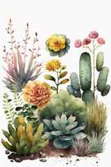 Watercolor summer garden illustration on white background. Ai generated.