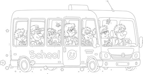 Small school bus with a smiling driver and noisy company of funny little passengers, black and white vector cartoon illustration for a coloring book page