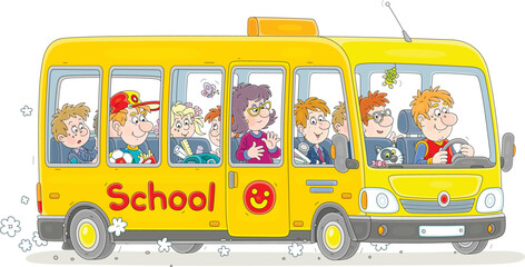 Small yellow school bus with a smiling driver and noisy company of funny little passengers, vector cartoon illustration isolated on a white background © Alexey Bannykh