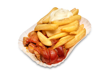 Currywurst with fries and mayo isolated on white background