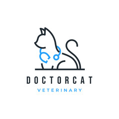 Cat doctor with stethoscope. Animal pet medical health care veterinary logo icon vector illustration