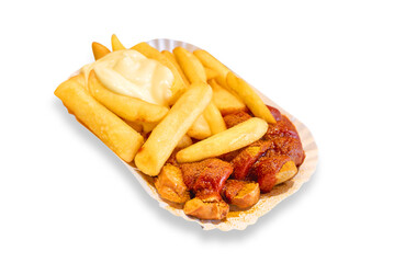 Currywurst with fries and mayo. Transparent png backgound.