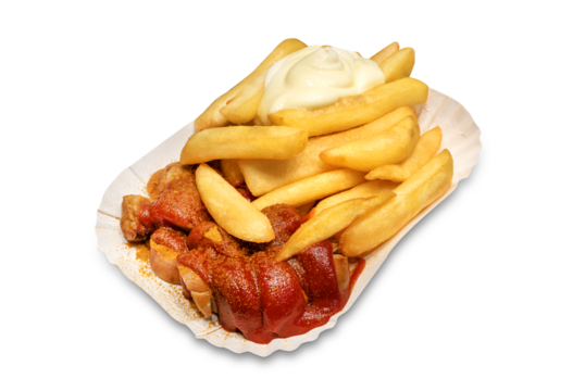 Currywurst with fries and mayo. Transparent png backgound.