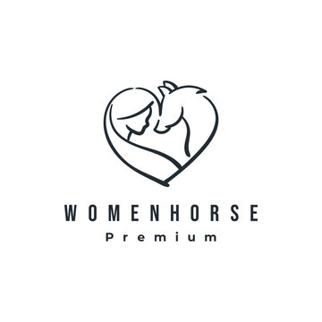 Women and horse love heart beautiful logo design concept. Animal care vector line illustration