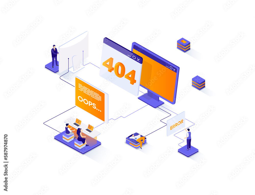 Poster 404 error isometric web banner. System updates, internet disconnect isometry concept. Web page not found 3d scene, site undergoing maintenance flat design. Illustration with people characters.