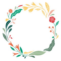 Floral wreath graphic design. Leaf, flower, isolated vector illustration. Spring, summer, art deco, mothers day, decoration. 