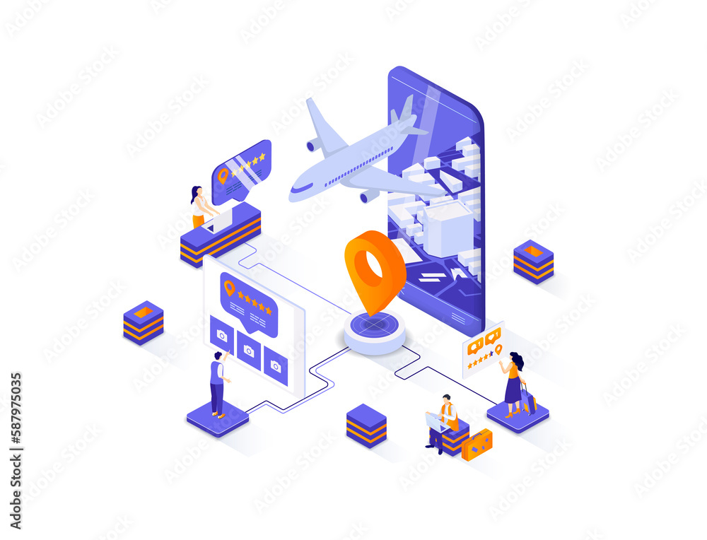 Poster Flight booking isometric web banner. Airline tickets reservation isometry concept. Mobile application for online booking service 3d scene. Illustration with people characters.