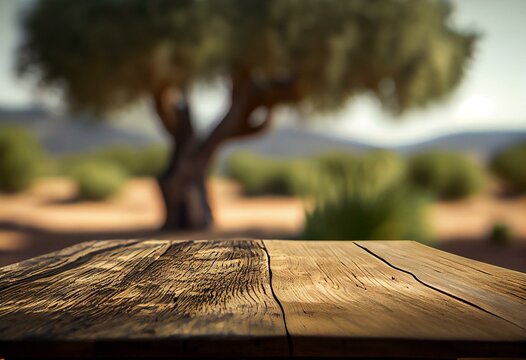 Focus empty wood table with blurred natural olive tree background. Concept of blank space for advertising product. Finest generative AI