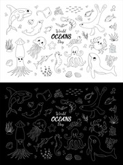 Sea animal black and white line. Vector illustration Ocean undersea world Oceans Day doodle elements