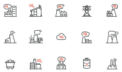 Vector Set of Linear Icons Related to Increasing Environmental Pollution. Emission of Carbon Dioxide and Energy Industry. Mono Line Pictograms and Infographics Design Elements