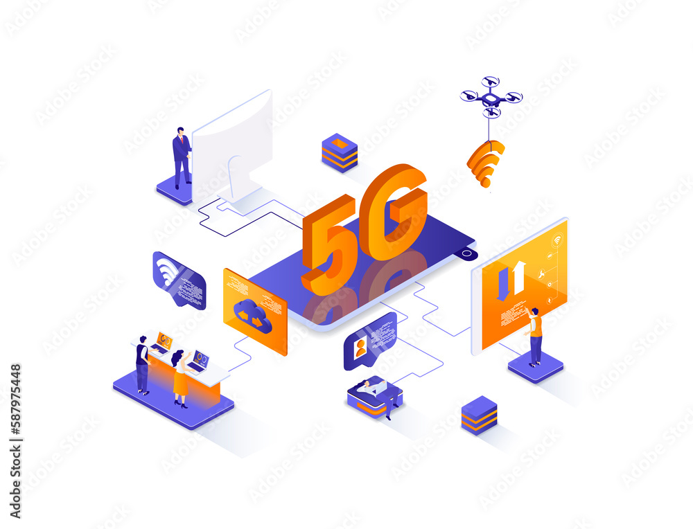 Leinwandbilder 5g internet isometric web banner. mobile telecommunication system isometry concept. 5g generation st