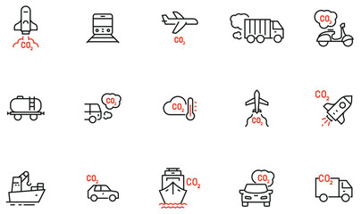 Vector Set of Linear Icons Related to Increasing Transport Pollution. Emission of Carbon Dioxide. Mono Line Pictograms and Infographics Design Elements