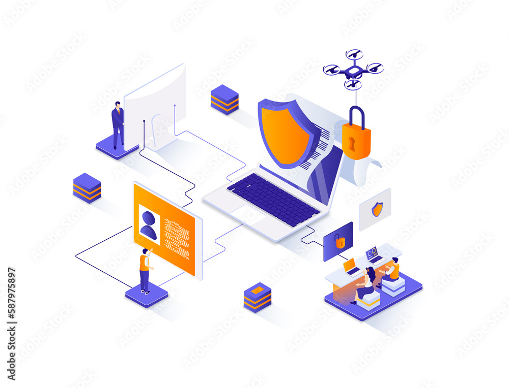 Poster Cyber security isometric web banner. Network and data protection isometry concept. Firewall software 3d scene, Internet privacy and identification design. Illustration with people characters.