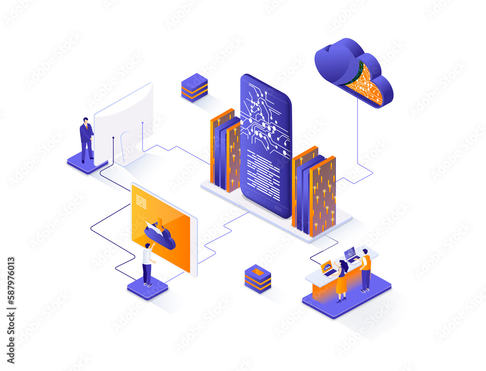 Poster datacenter technology isometric web banner. internet hosting platform isometry concept. data center 
