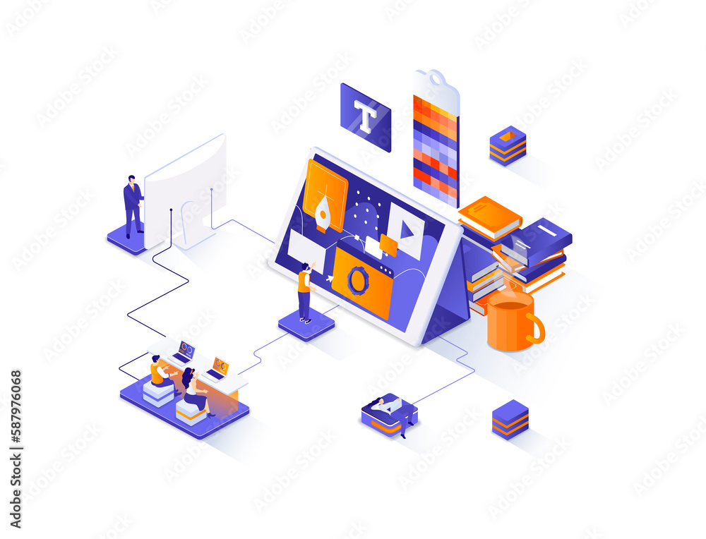 Poster designer isometric web banner. website development, ui ux design isometry concept. product branding 