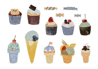 Watercolor illustration. Ice cream and cupcakes. Calm colors. on isolated background. Can be used for stationery design, clothing print, phone case design, phone screen wallpaper