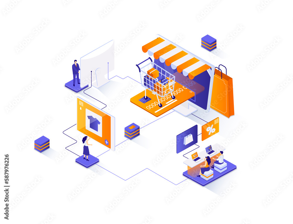 Poster E-commerce isometric web banner. Online shopping platform isometry concept. Customer support 3d scene, purchase order and delivery service flat design. Illustration with people characters.
