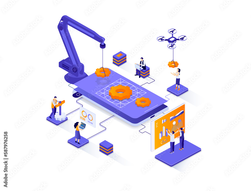 Poster App development isometric web banner. Mobile application design, full stack programming isometry concept. Software development 3d scene, technology flat design. Illustration with people characters.