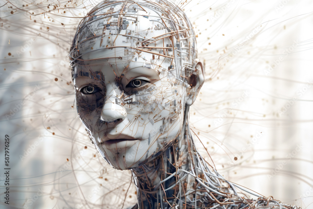 Poster illustration of a beautiful female android head. robotic and artificial intelligence concept. create