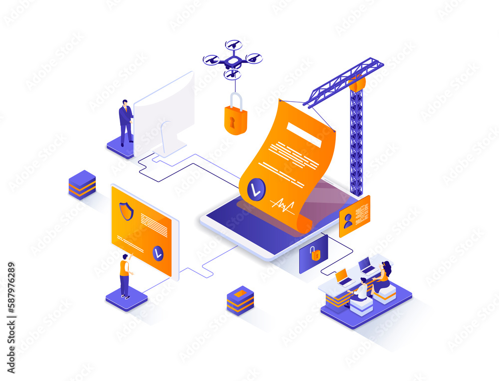 Poster electronic contract isometric web banner. online sign contract or documents technology isometry conc