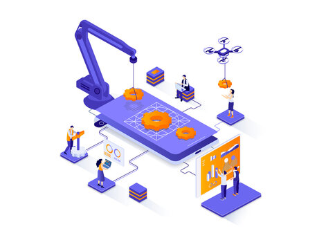 App development isometric web banner. Mobile application design, full stack programming isometry concept. Software development 3d scene, technology flat design. Illustration with people characters.