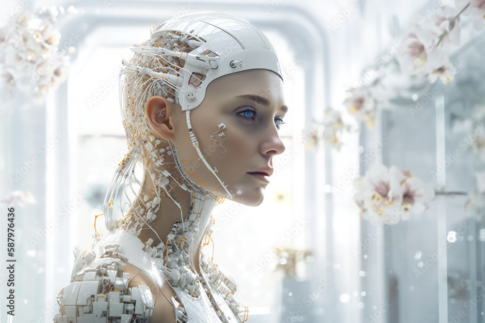 Poster illustration of a beautiful female white android head. robotic and artificial intelligence concept. 
